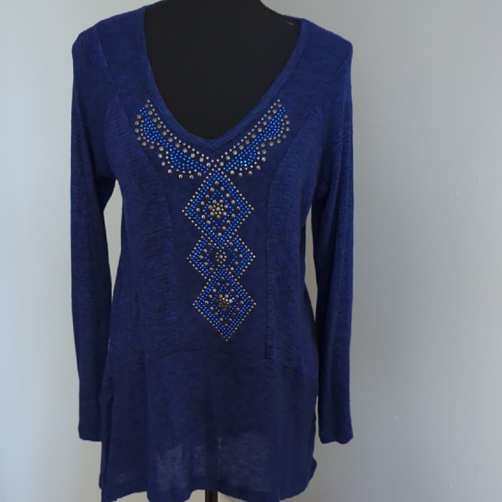 Energe,One World Elegant Blue Embellished Women's Top. Medium